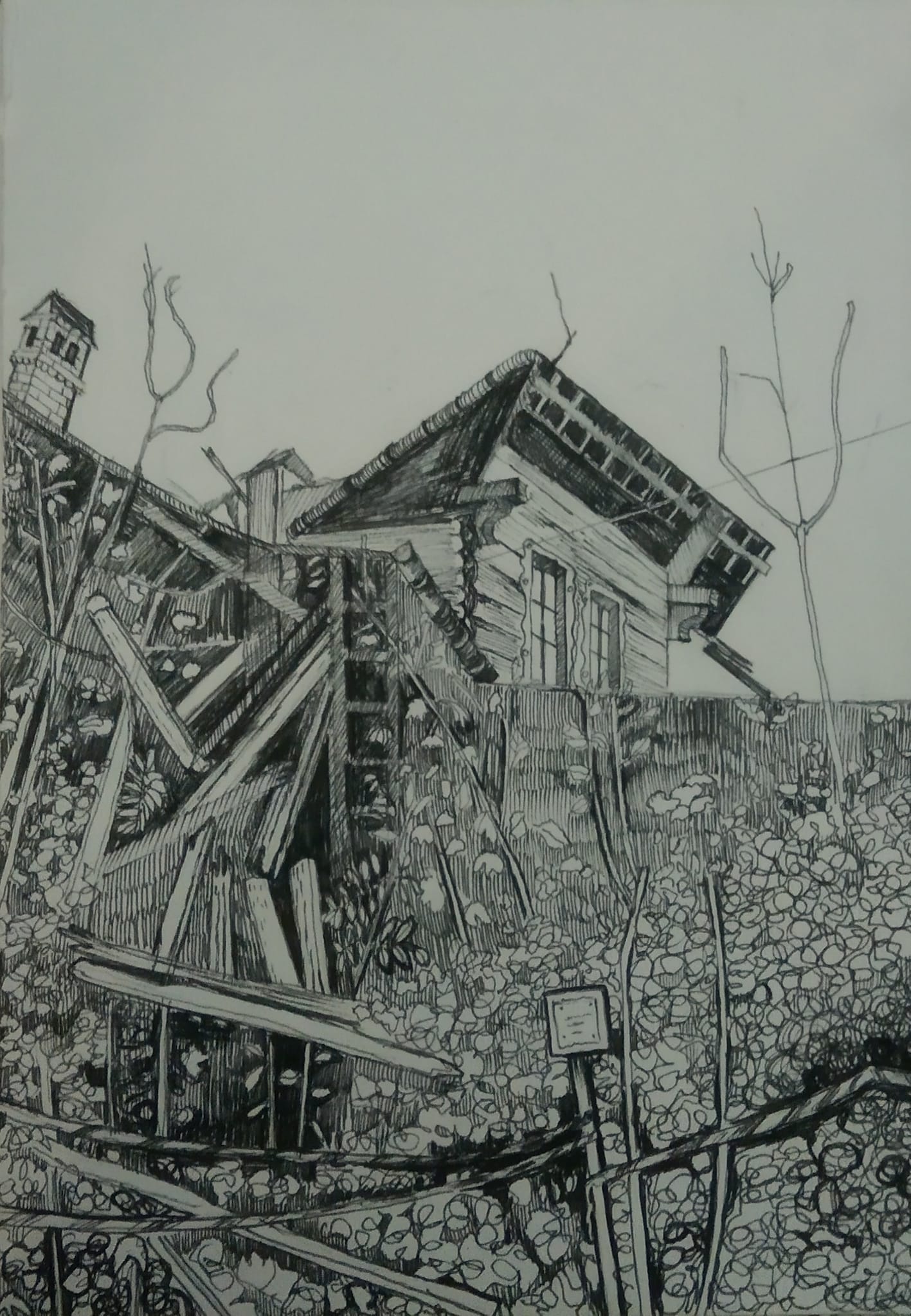 Opuszczony dom na Olszówce 1_2024_21x29,7 cm_cienkopis na papierze