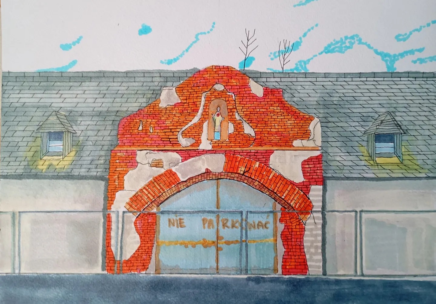 Kapliczka w Kozach_2024_21x29,7 cm_cienkopis i marker na papierze