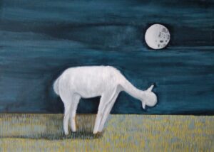 alpaka, noc, księżyc, pełnia, malarstwo olejne, night, moon, alpaque, oil painting, brush, sky, natalia szymonik