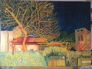 drzewo, tree, jesień, autumn, ulica, street, Bukareszt, Bukarest, noc, night, światło, light, płot, garden fence