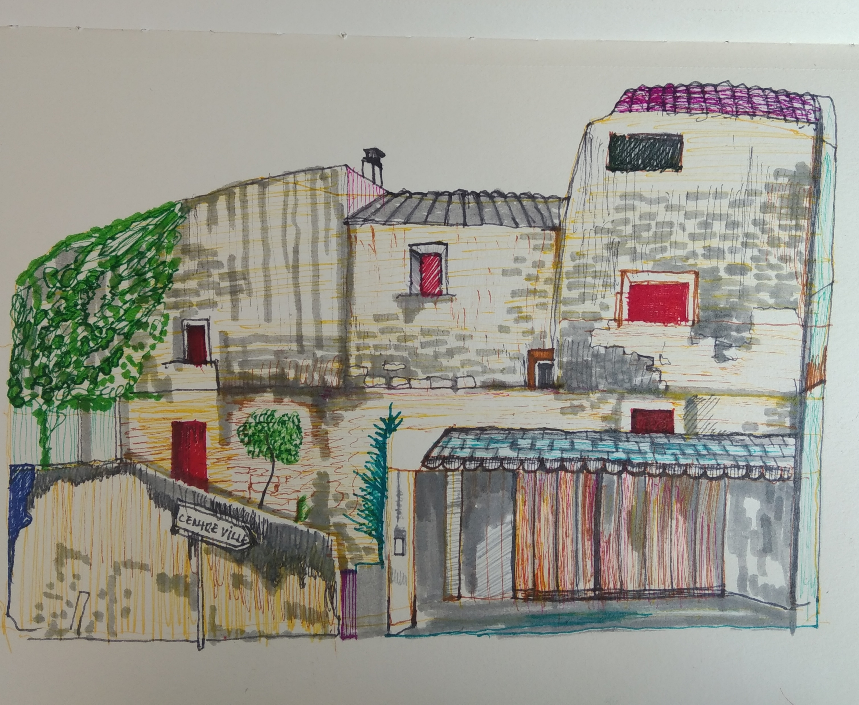 Kamienica w Vacqueraes_2022_21x29,7 cm_cienkopis i marker na papierze