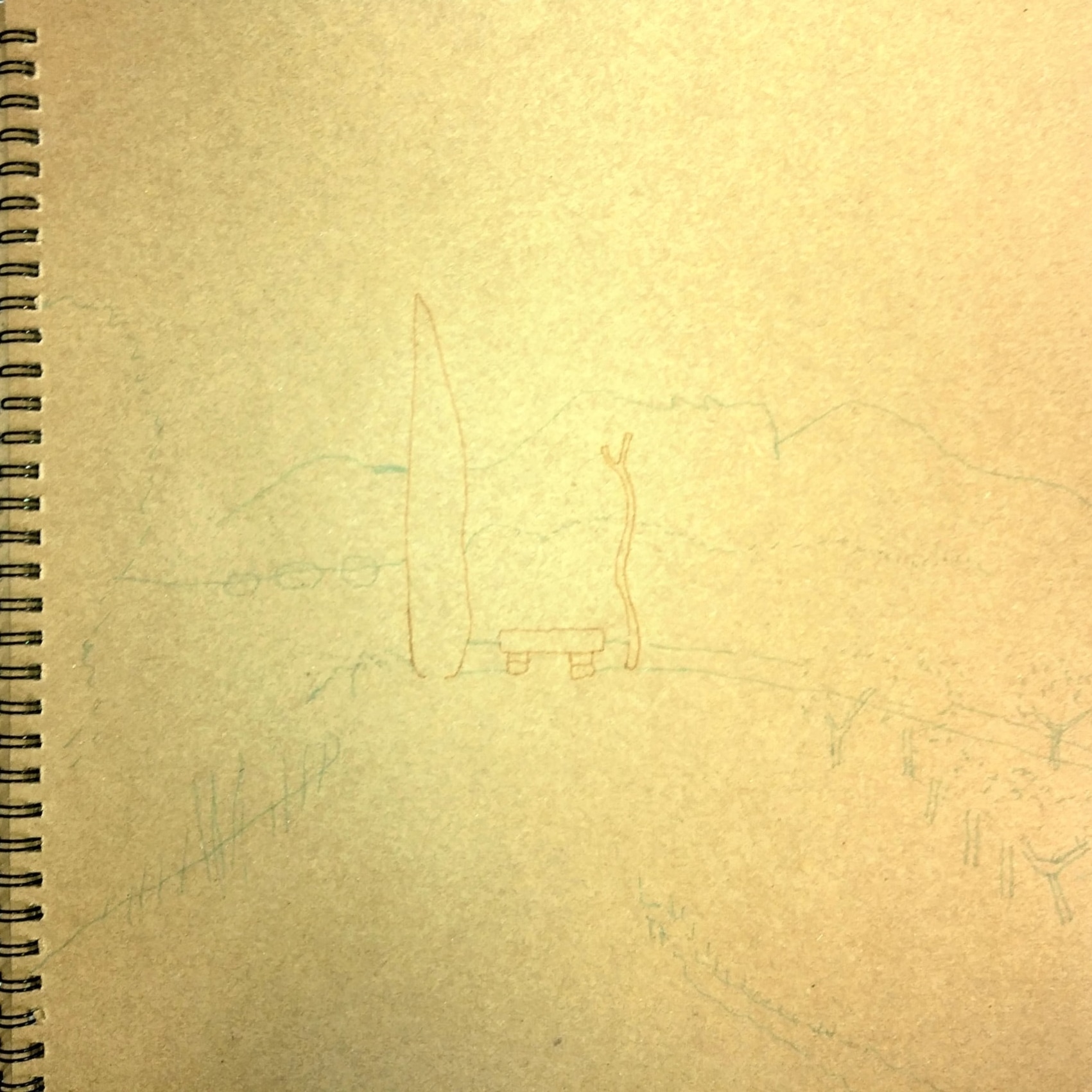 Cyprys, drzewo i ławka_2022_21x21 cm_cienkopis na papierze