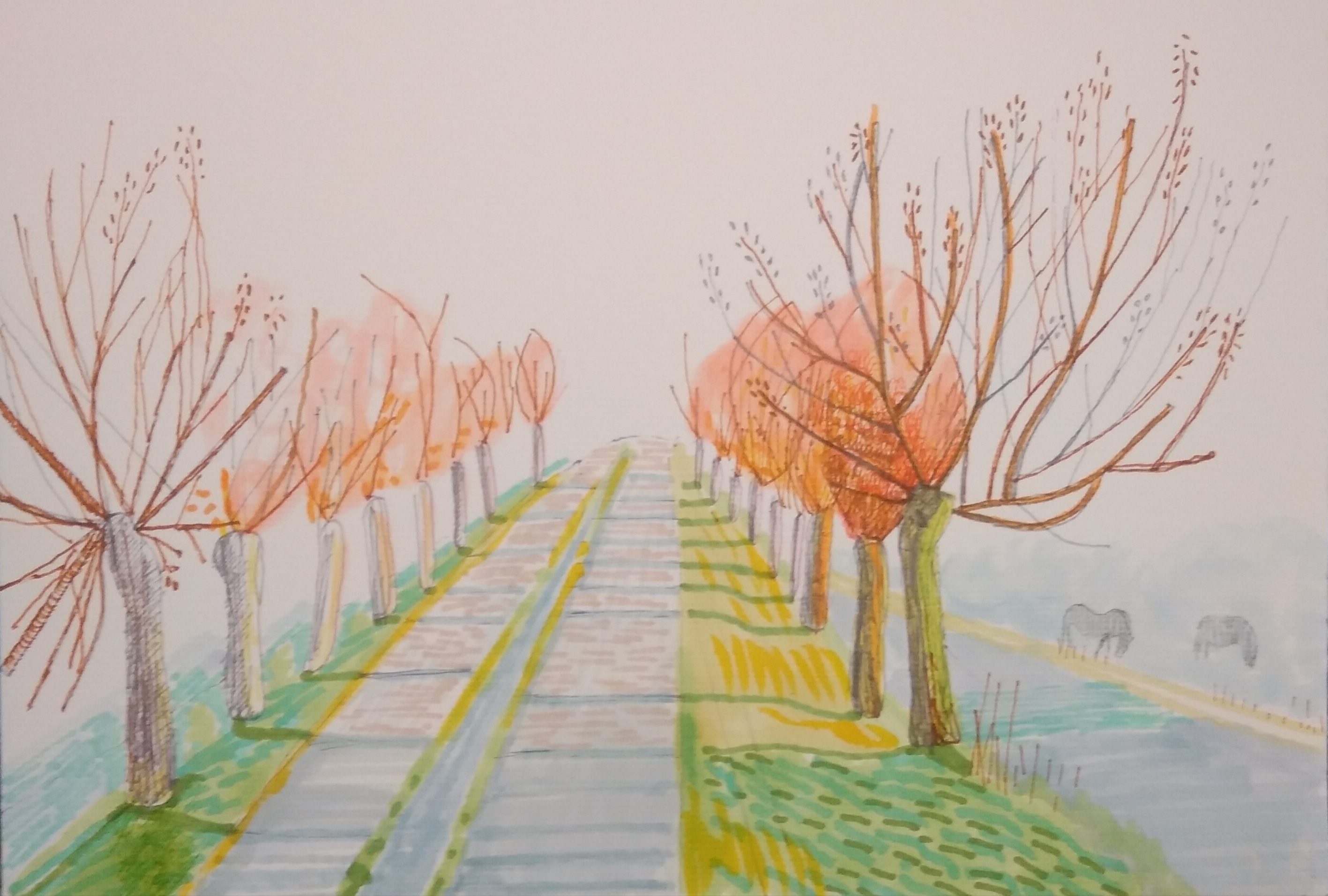 Jesienny poranek_2023_21x29,7 cm_cienkopis i marker na papierze