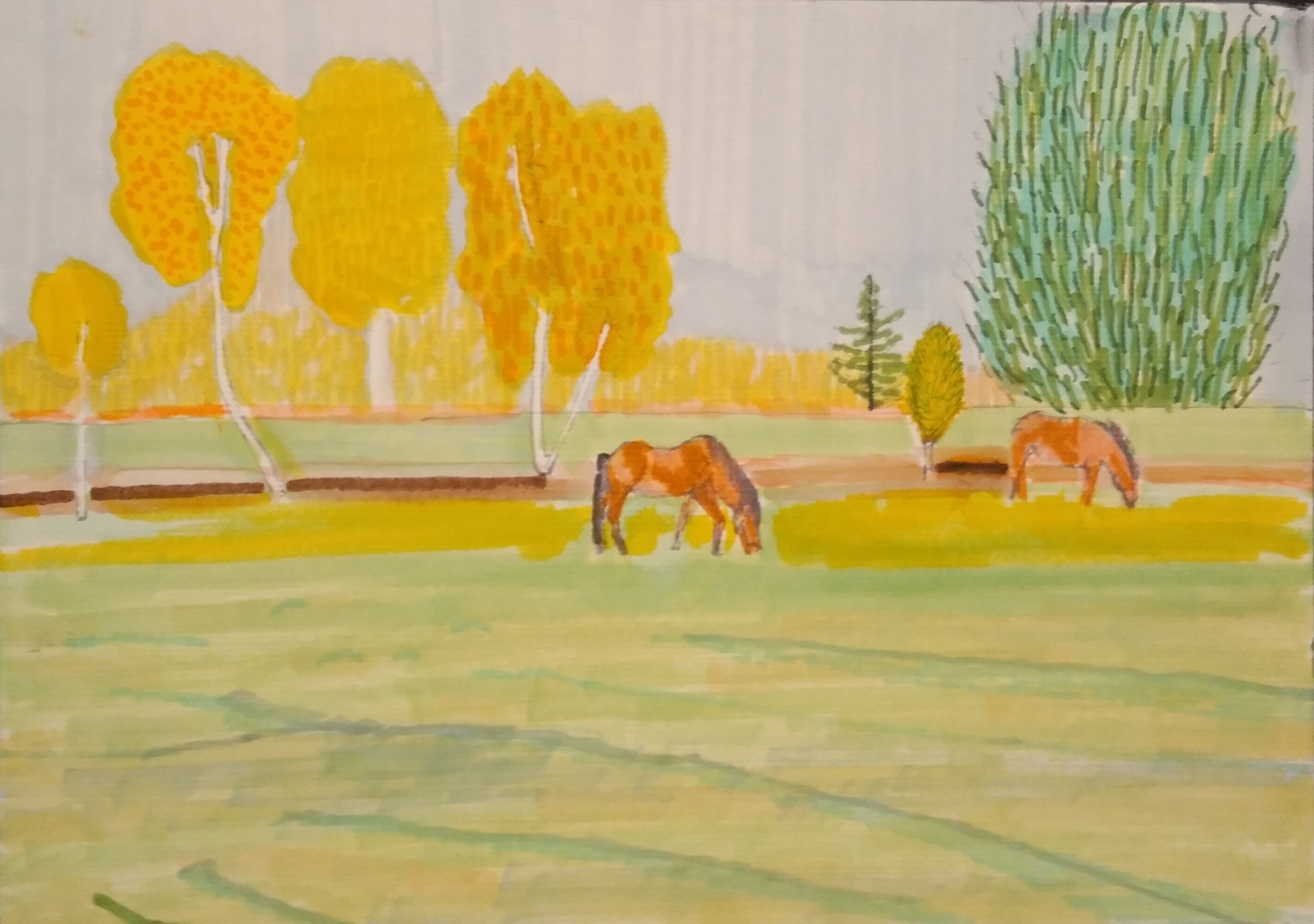 Konie jesienią_2023_21x29,7 cm_cienkopis i marker na papierze