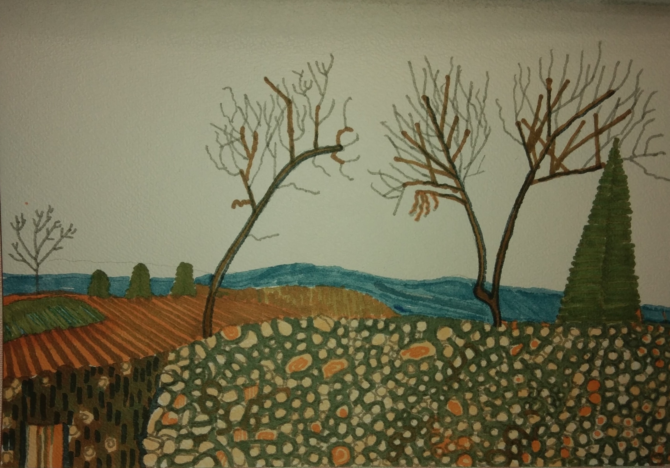 Pejzaż z Uciechowa_2024_21x29,7 cm_cienkopis i marker na papierze