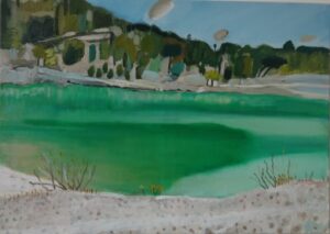 Jezioro, lake, Francja, France, plaża, beach, las, forest, zielony, green, brzeg, coast, oil on canvas, olej na płótnie