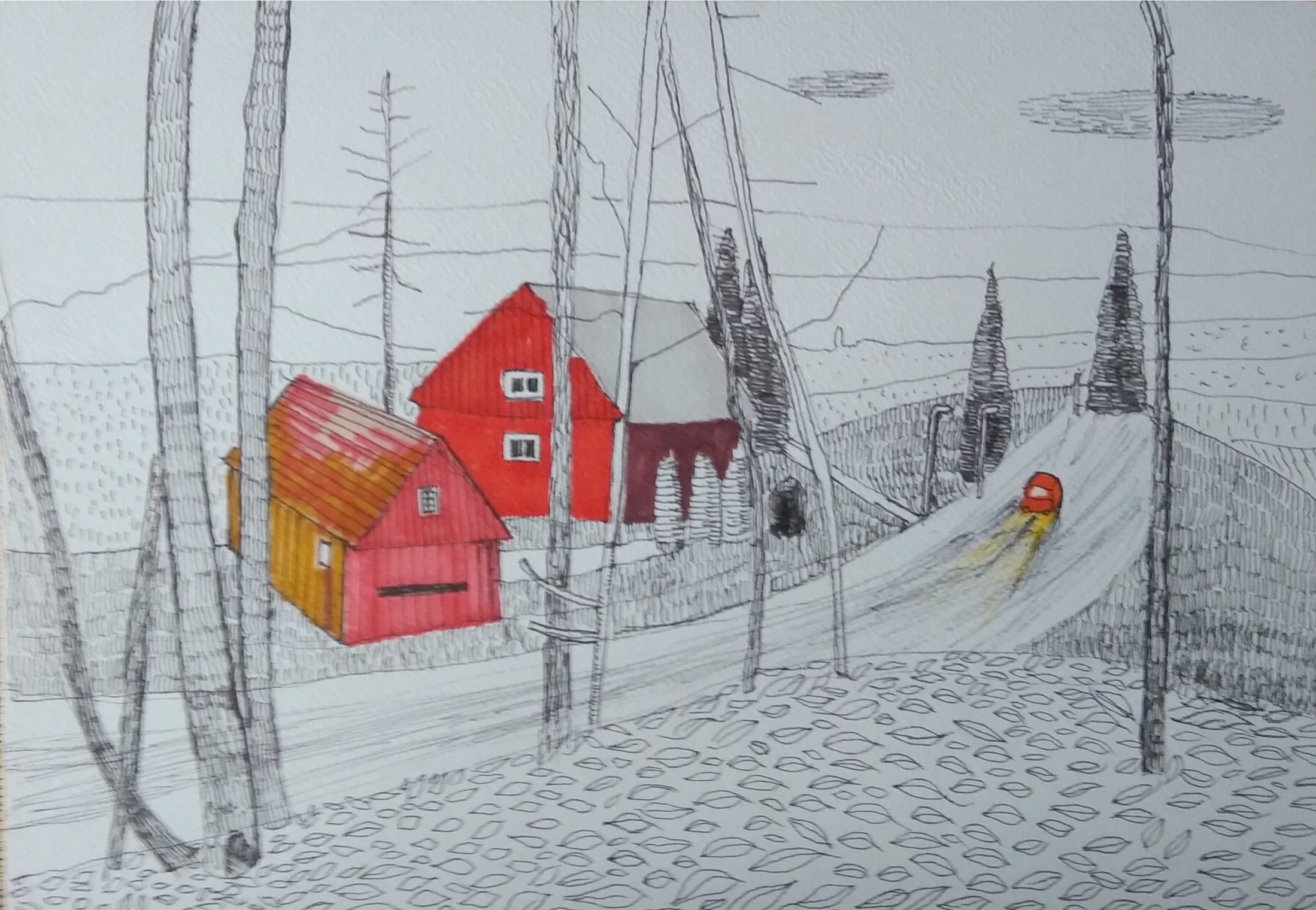 Czerwone domy_2024_21x29,7 cm_cienkopis na papierze