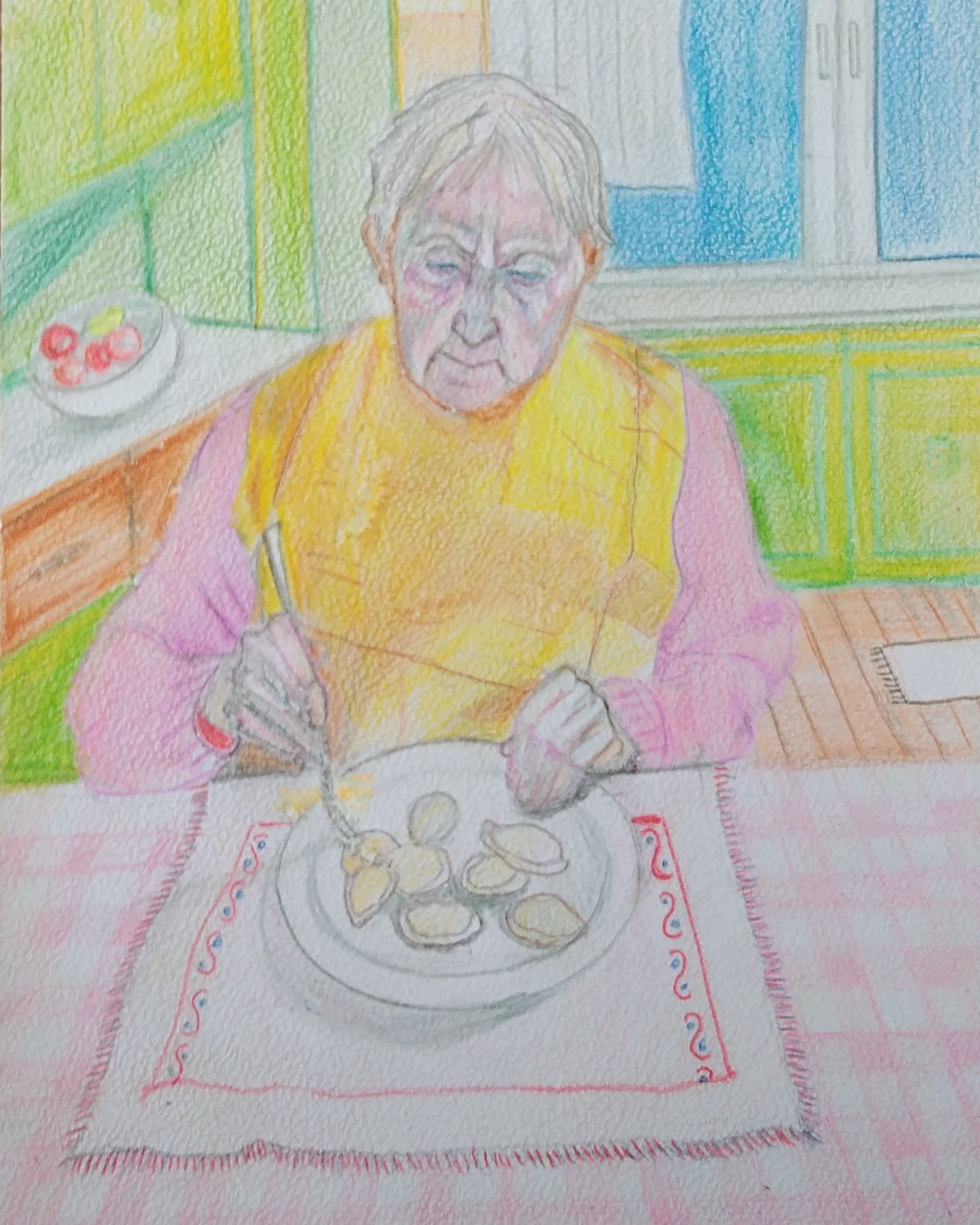 Babcia Tola_2023_21x29,7 cm_kredki na papierze