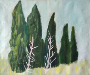 cyprysy, cyprises, oil on canvas, olej na płótnie, bushes, natalia szymonik, trees, drzewa zielone, green