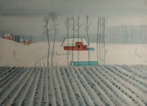 winter, zima, drzewa, trees, landscape, house, houses, dom, domy, forest, las, trees, drzewa, oil painting, orga, ugór, wegetacja, dzień, day, cloudy day, chmury, zimowy zmierzch