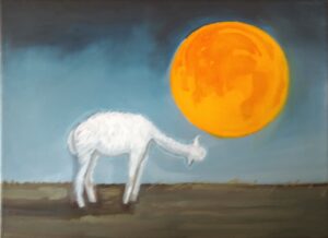 blue, niebieski,m night, orange moon, sky, alpaque, animal, fullmonn, pomarańczowe, alpaka