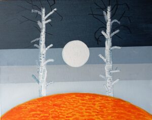 pełnia, księżyc, noc, drzewa, liście, jesień, fullmoon, night, trees, leaves, orange, black, grey, blue, czerń, pomarańcz, biel,