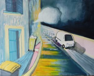 street, ulica, dym, smoke, France, Francja, samochód, car, rubbish bin, building, kamienica