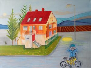 dom, house, chłopiec, boy, yellow bike, street, ulica, latarnia, lamp, pies, dog, góry, mountains, natalia szymonik