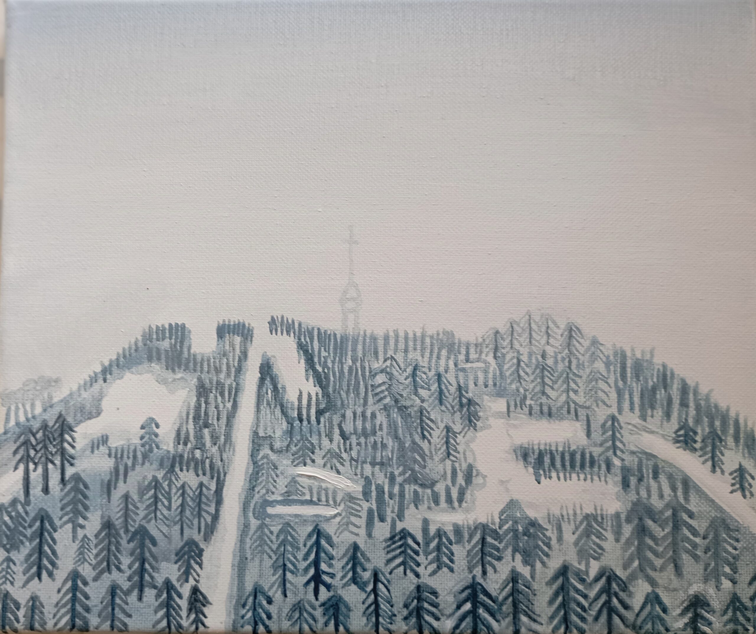 góra, mountain, las, drzewa, forest, trees, cloudy day, snow, śnieg, wieża, tower