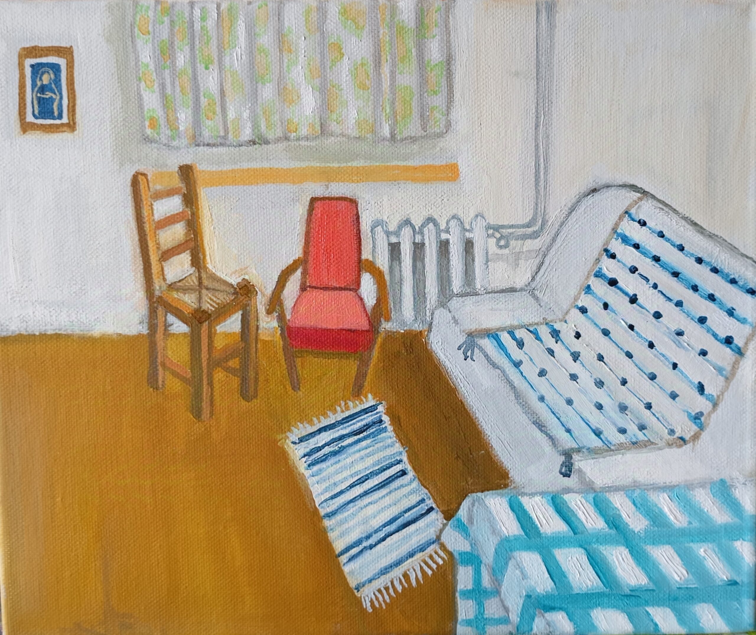 krzesło, chair, fotel, armchair, okno, window, carpet, dywan, bed, łóżko, stolik, table