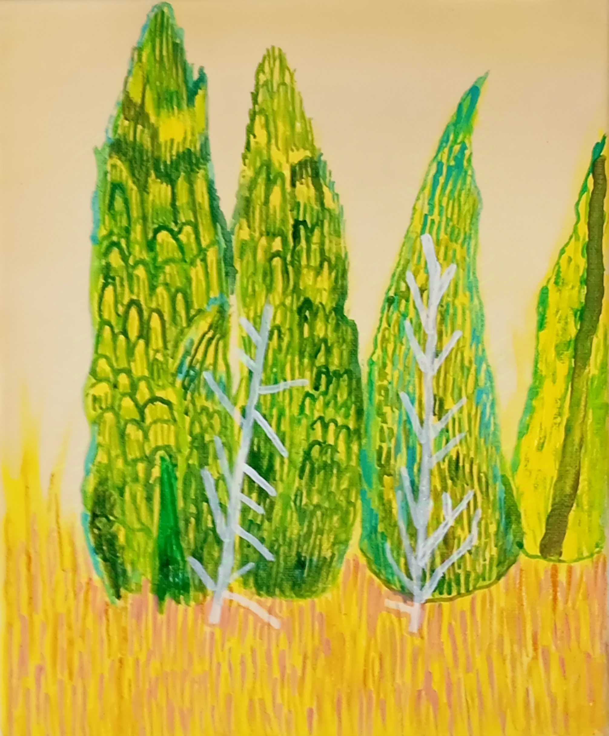 cyprysy, ciprises, olej na płótnie, oil on canvas, natalia szymonik