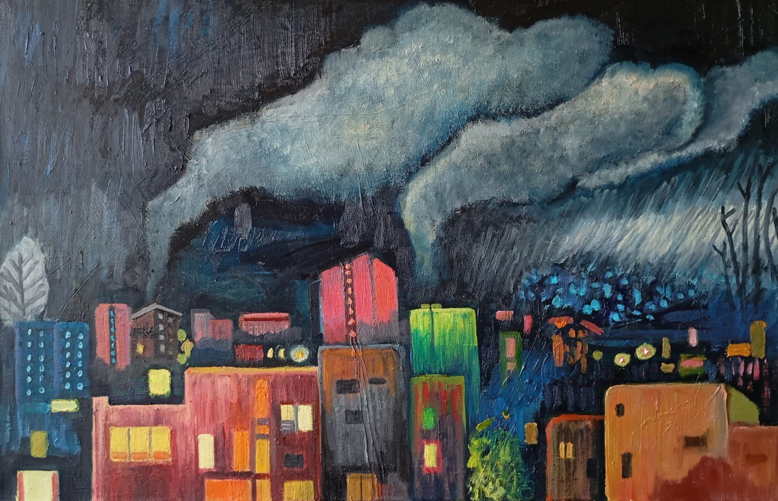 dym, smoke, chmury, clouds, miasto nocą, city, city at night, colors, buildings, lights, światła