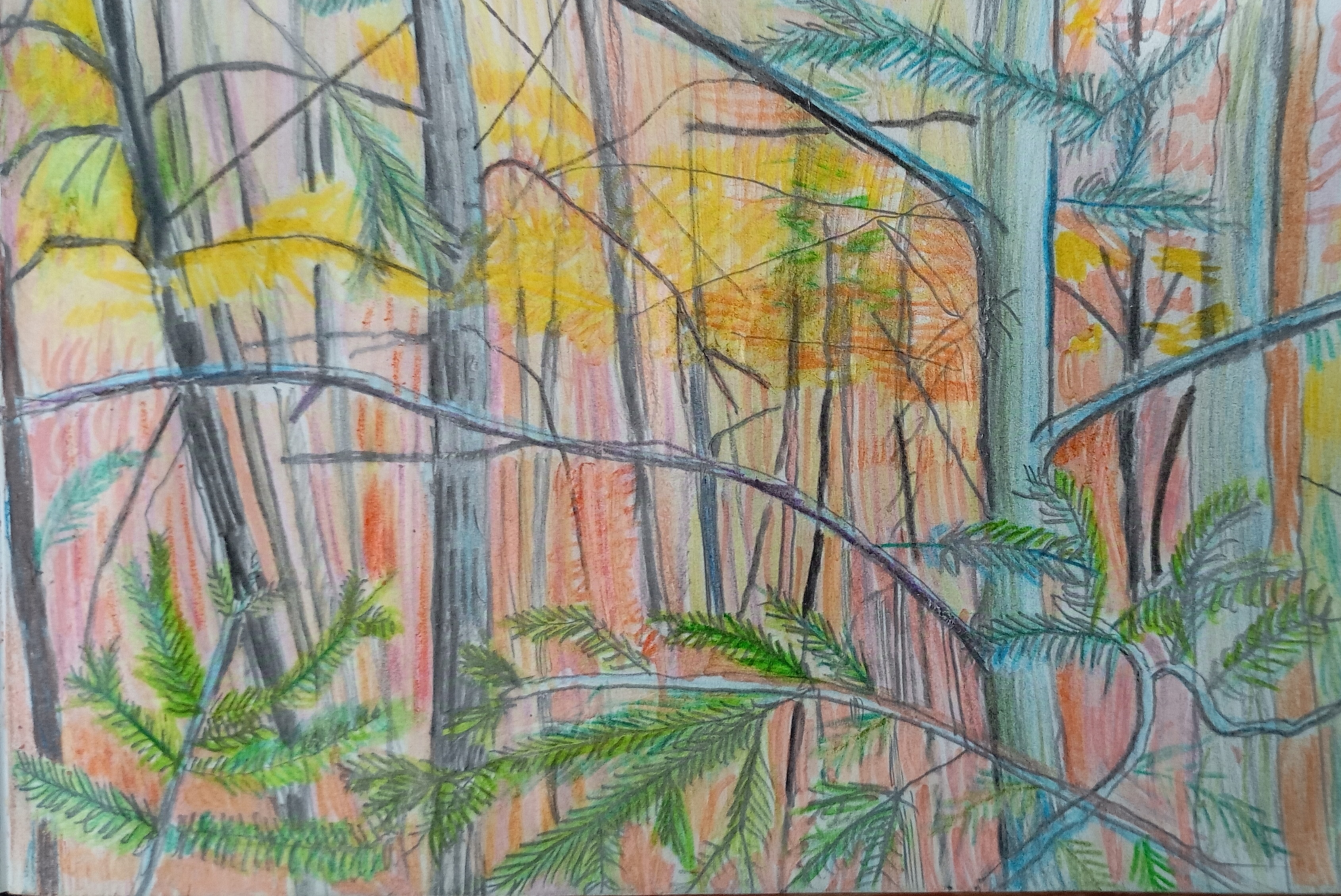 góry, mountains, drzewa, trees, sun, pensil drowing on paper, natalia szymonik