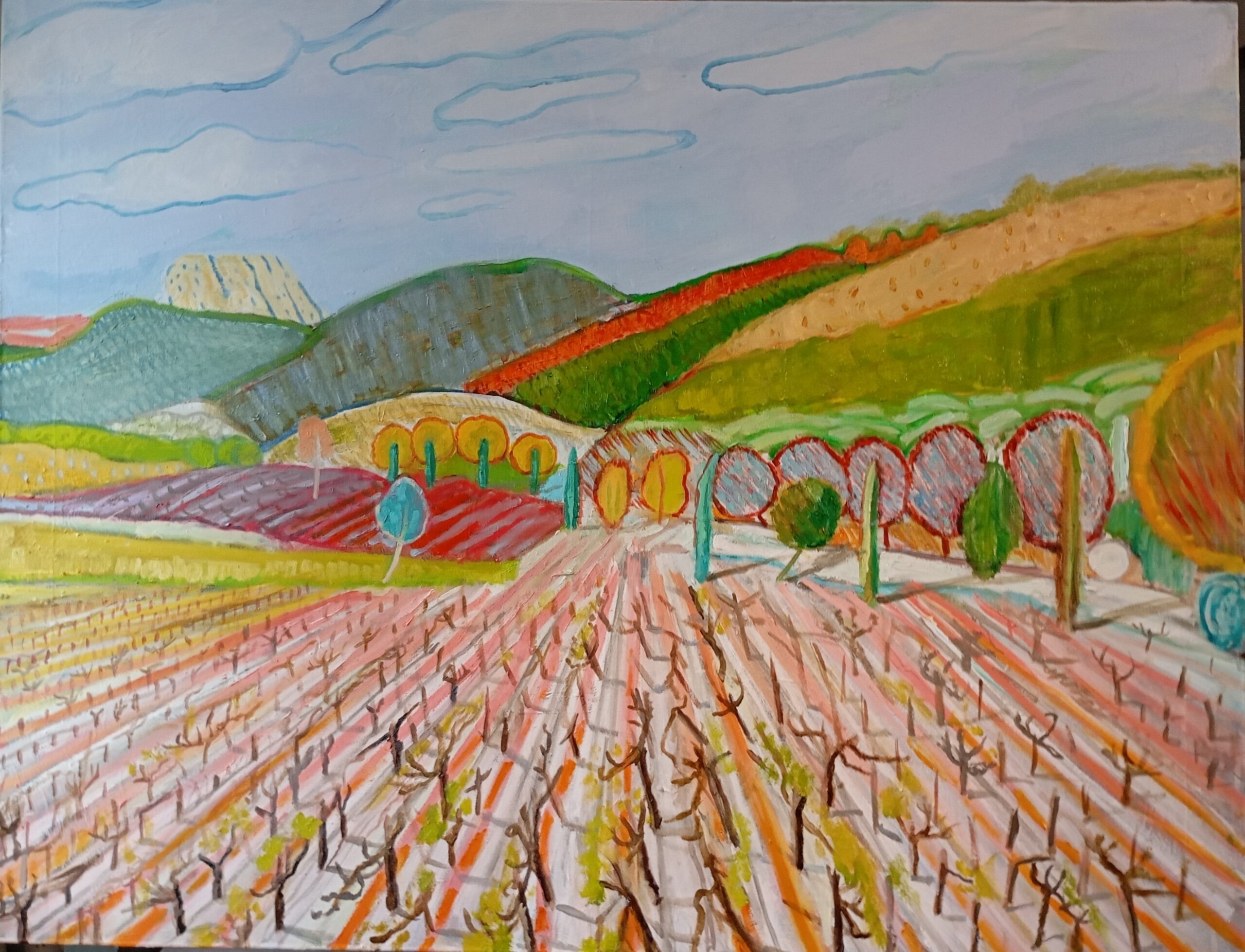 winnica, vineyard, olej na płótnie, oil on canvas, drzewa, trees, wino, wine, mountains, kolor, światło