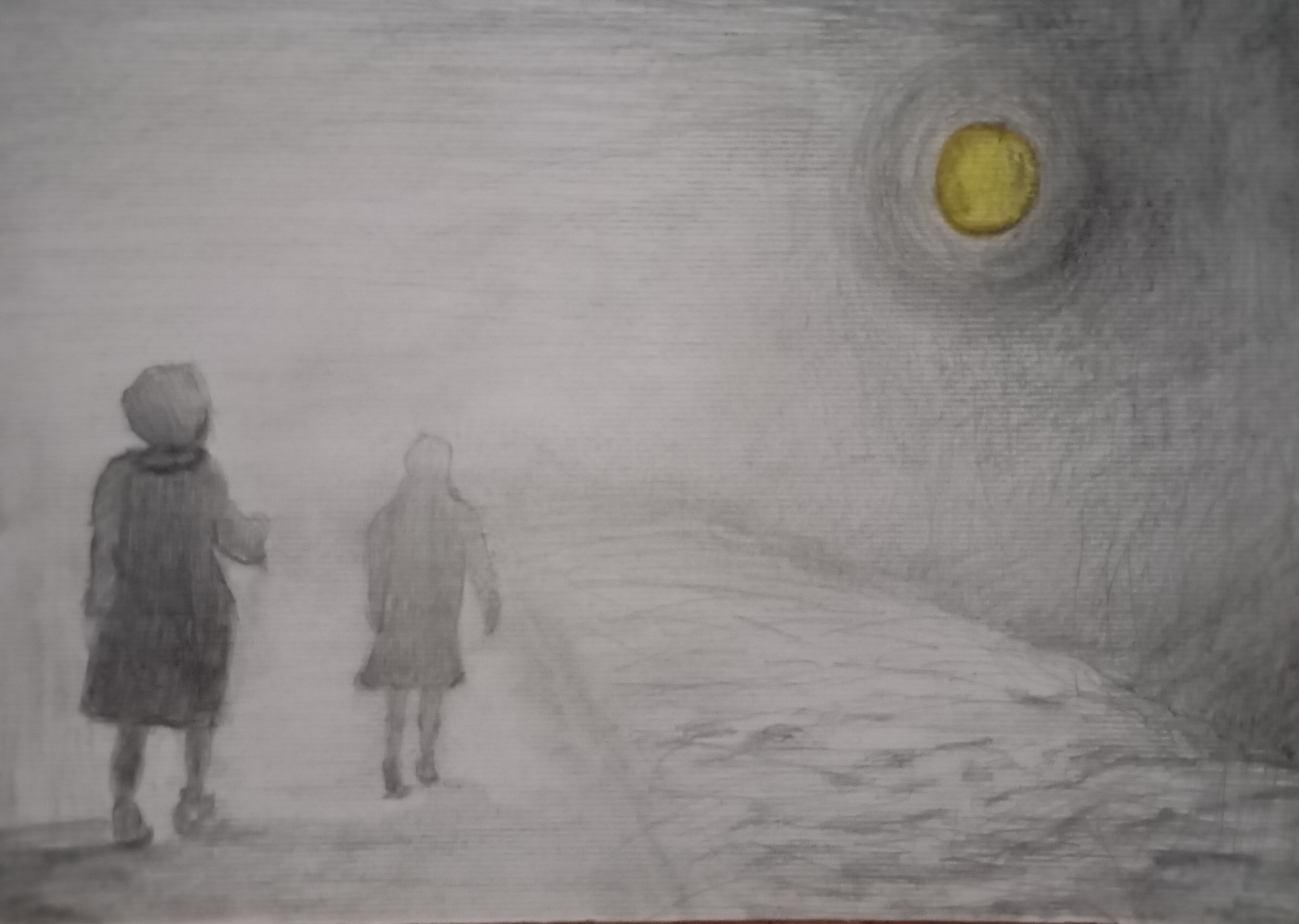 księżyc, moon, the walk, winter, zima, figures, postaci, ołówek, pensil drowing, natalia szymonik