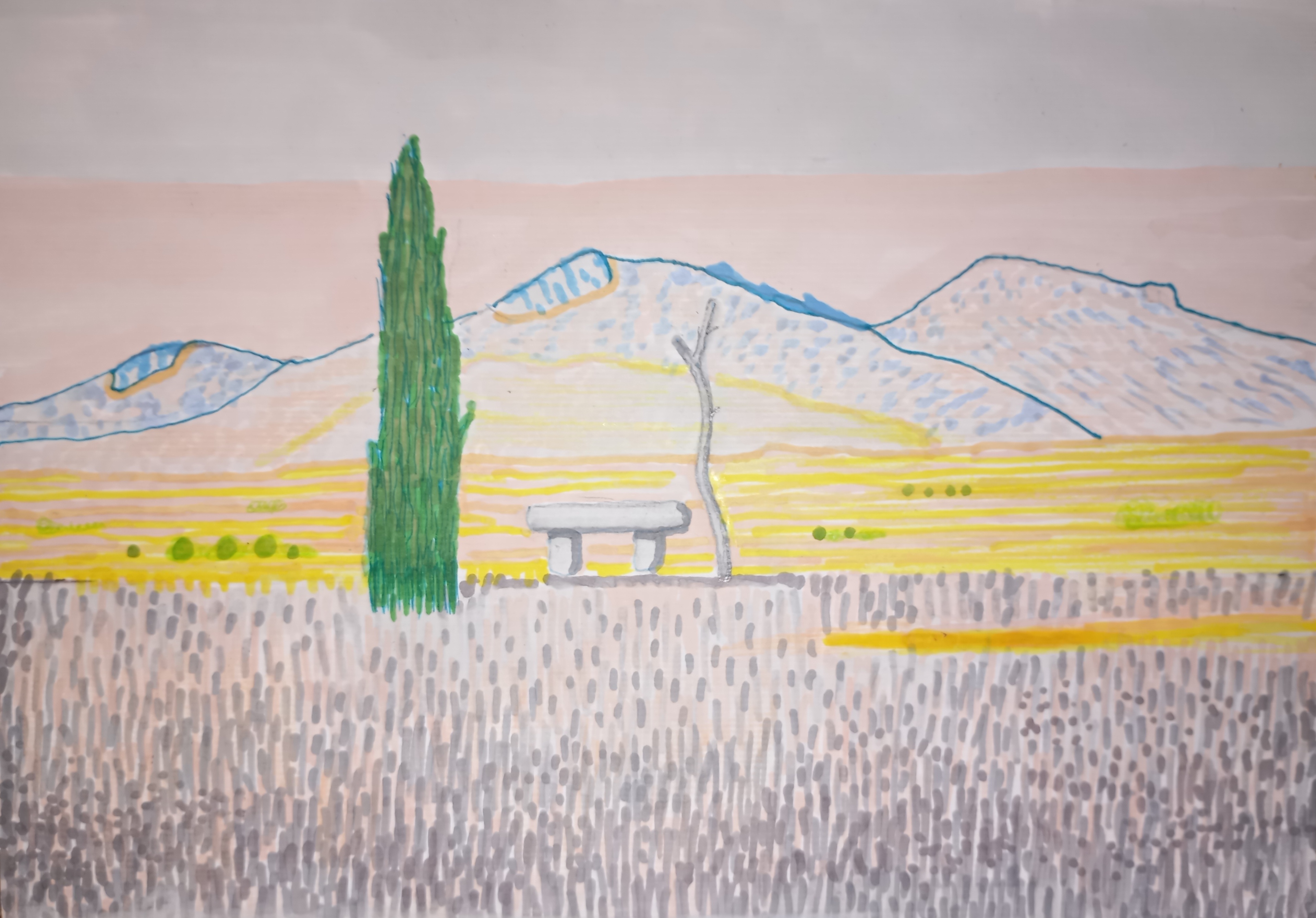 cyprys, cypress, ławka, bench, tree, drzewo, Provance, Alpes, cote d'Azurres, natalia szymonik, marker drawing