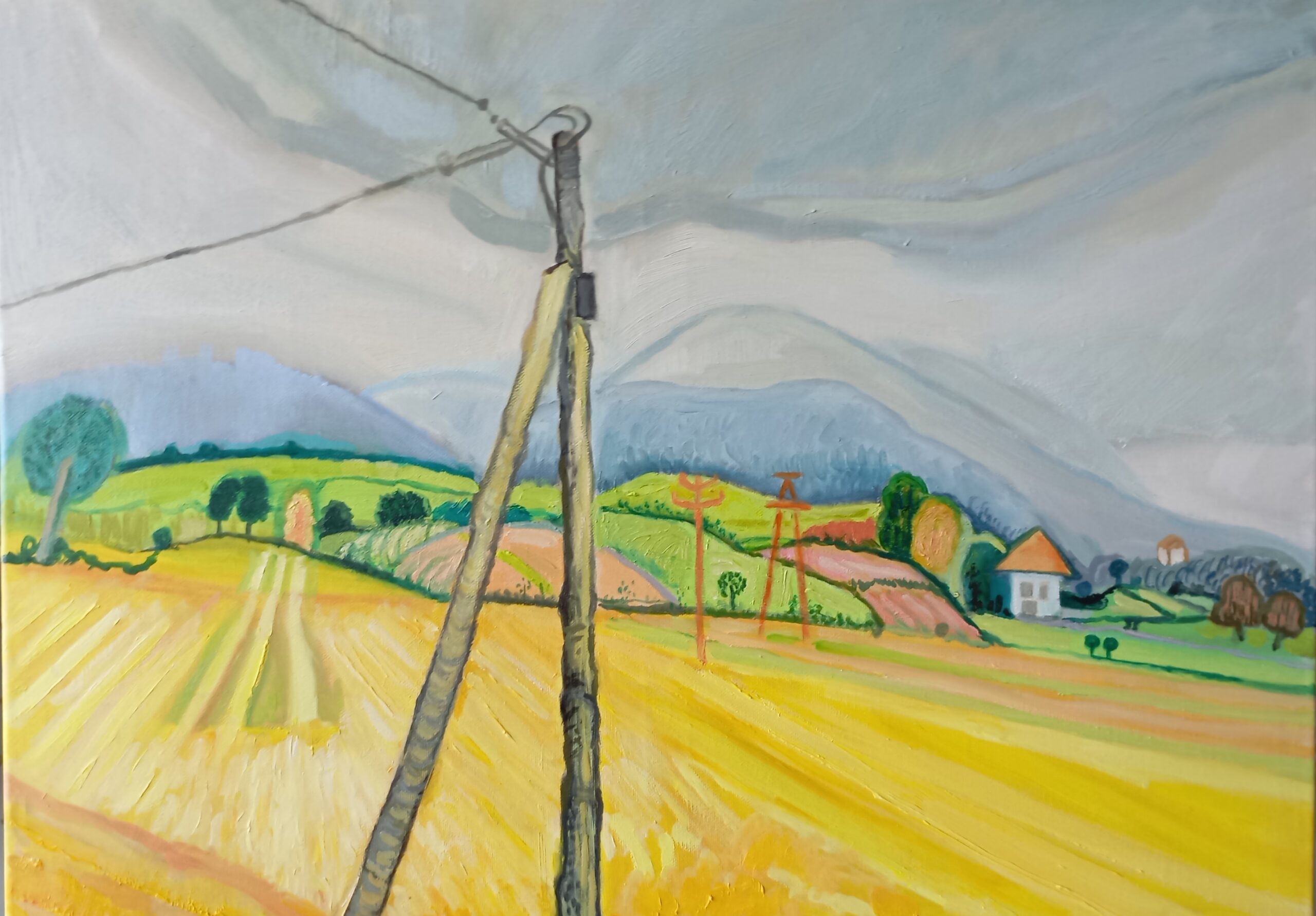 Brenna, pejzaż, żółte pole, zachmurzenie, słup, cloudy, mountains, yellow, electric pole