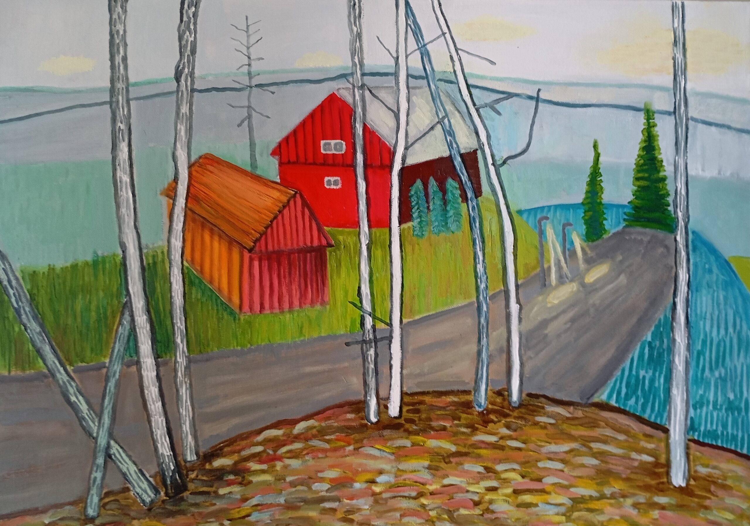 house, red house, road, autumn, fir tree, domy czerwone, niebo, ulica