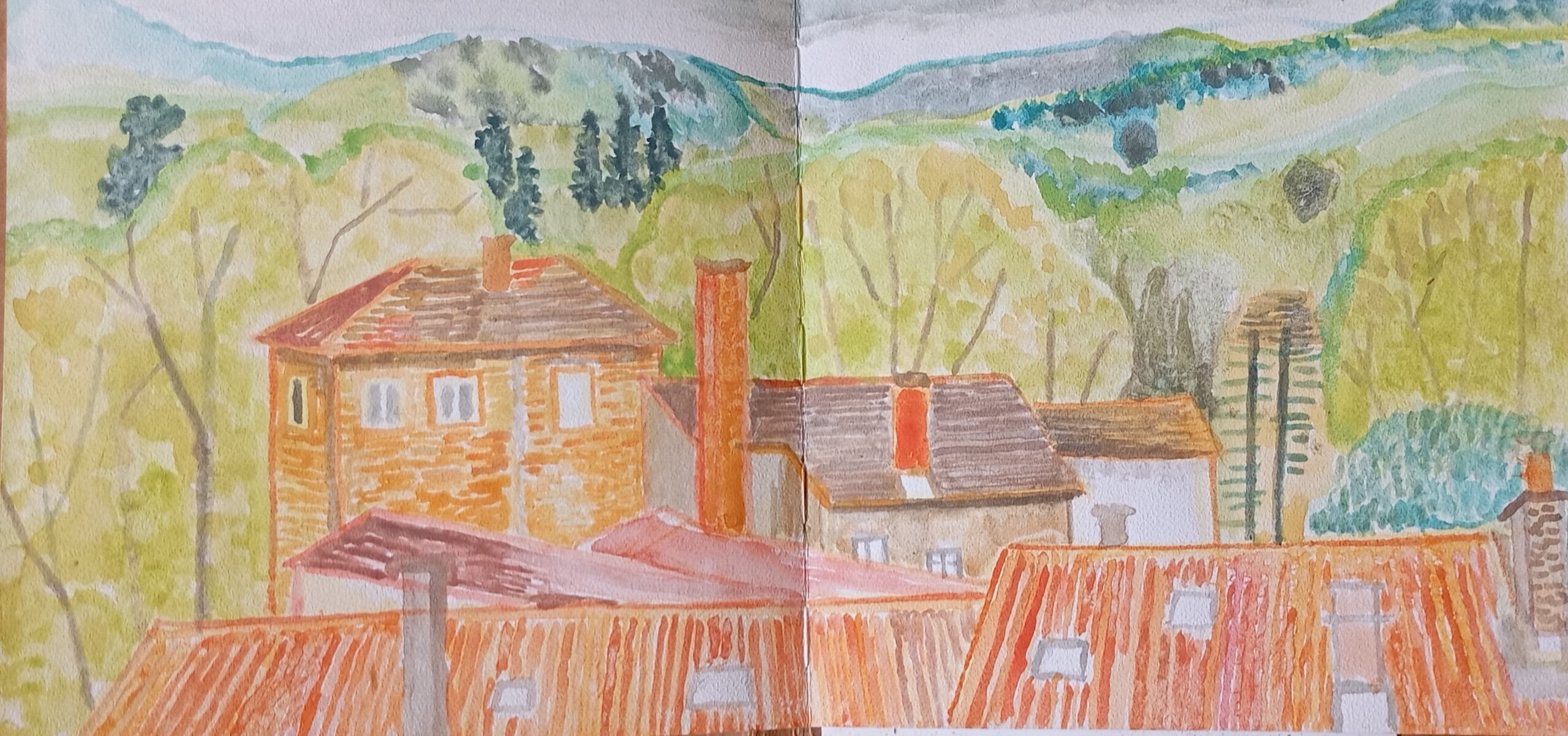 domy, houses, drzewa, trees, pagórki, hills, akwarela na papierze, natalia szymonik