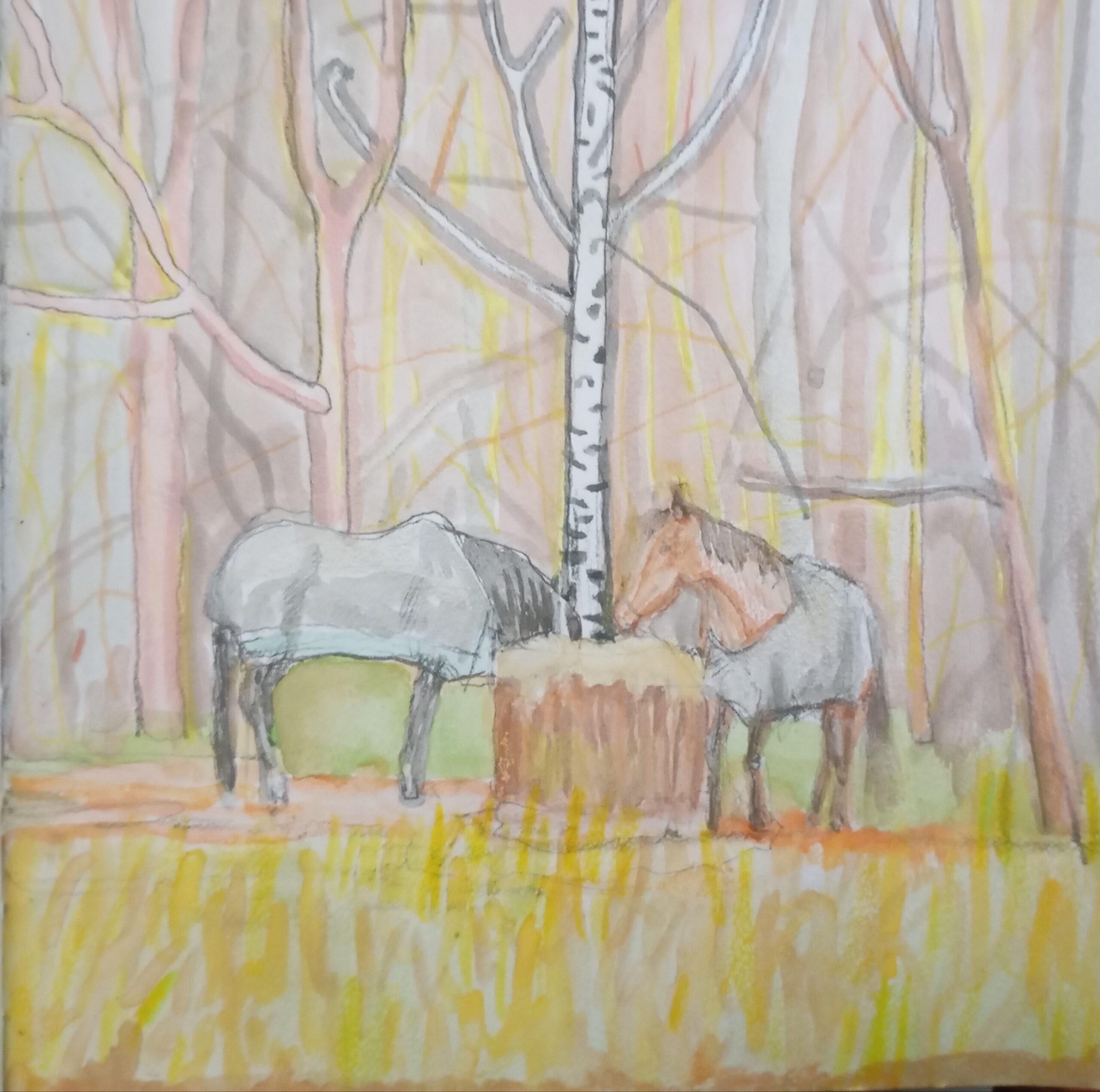 konie, zwierzęta, animals, horses, trees, akwarela na papierze, natalia szymonik