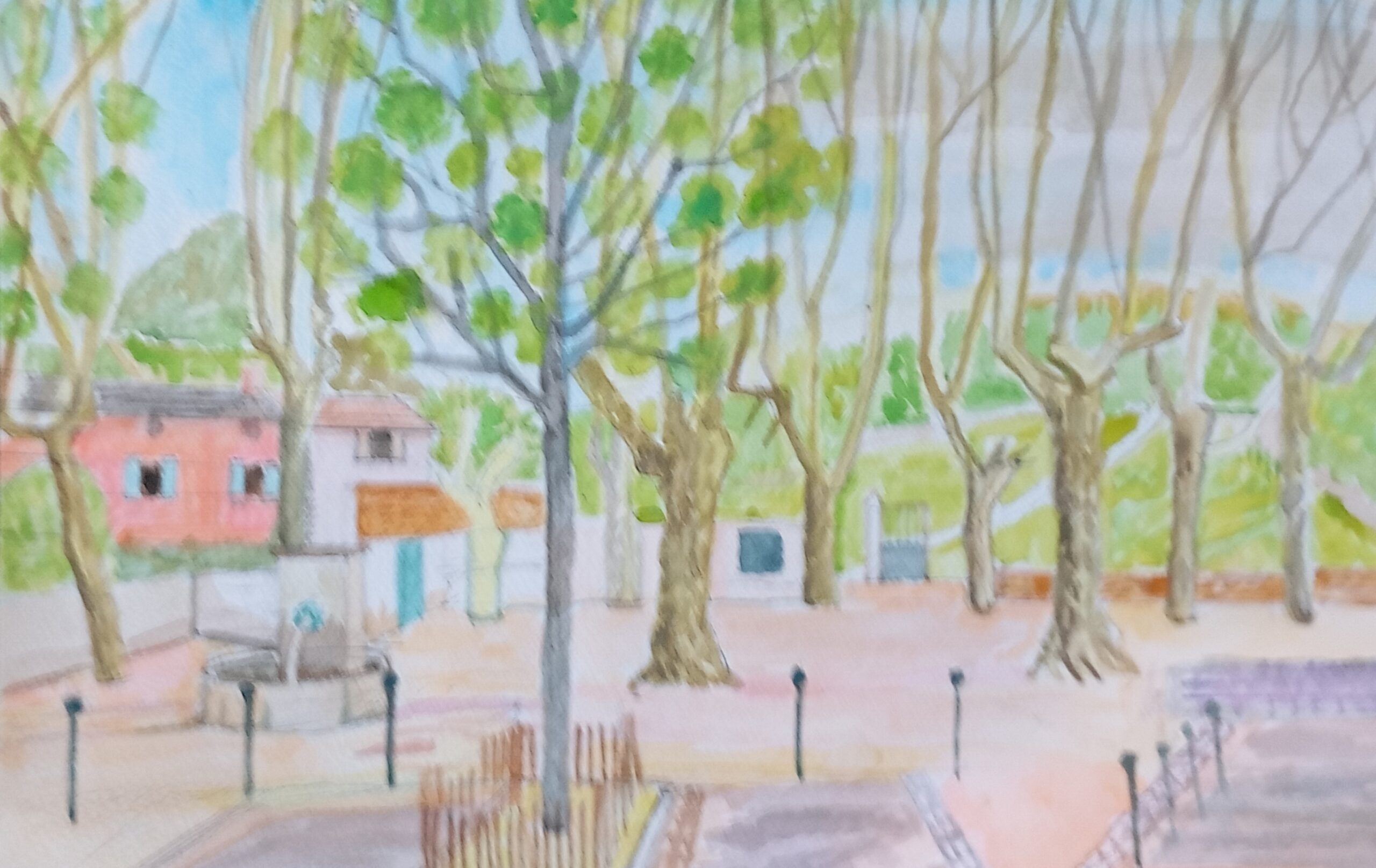 platany, platans, city view, miasto, landscape, akwarela, natalia szymonik