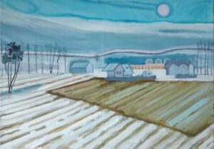 pole, field, snow, śnieg, zima, winter, domy, houses, oli painting, obraz olejny, drzewa, trees