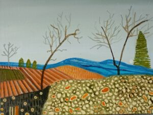 pejzaż, landscape, oil painting, oil on canvas, trees, mountains, woods, fields, blue, brown, green, Low Silesia, Dolny Śląsk